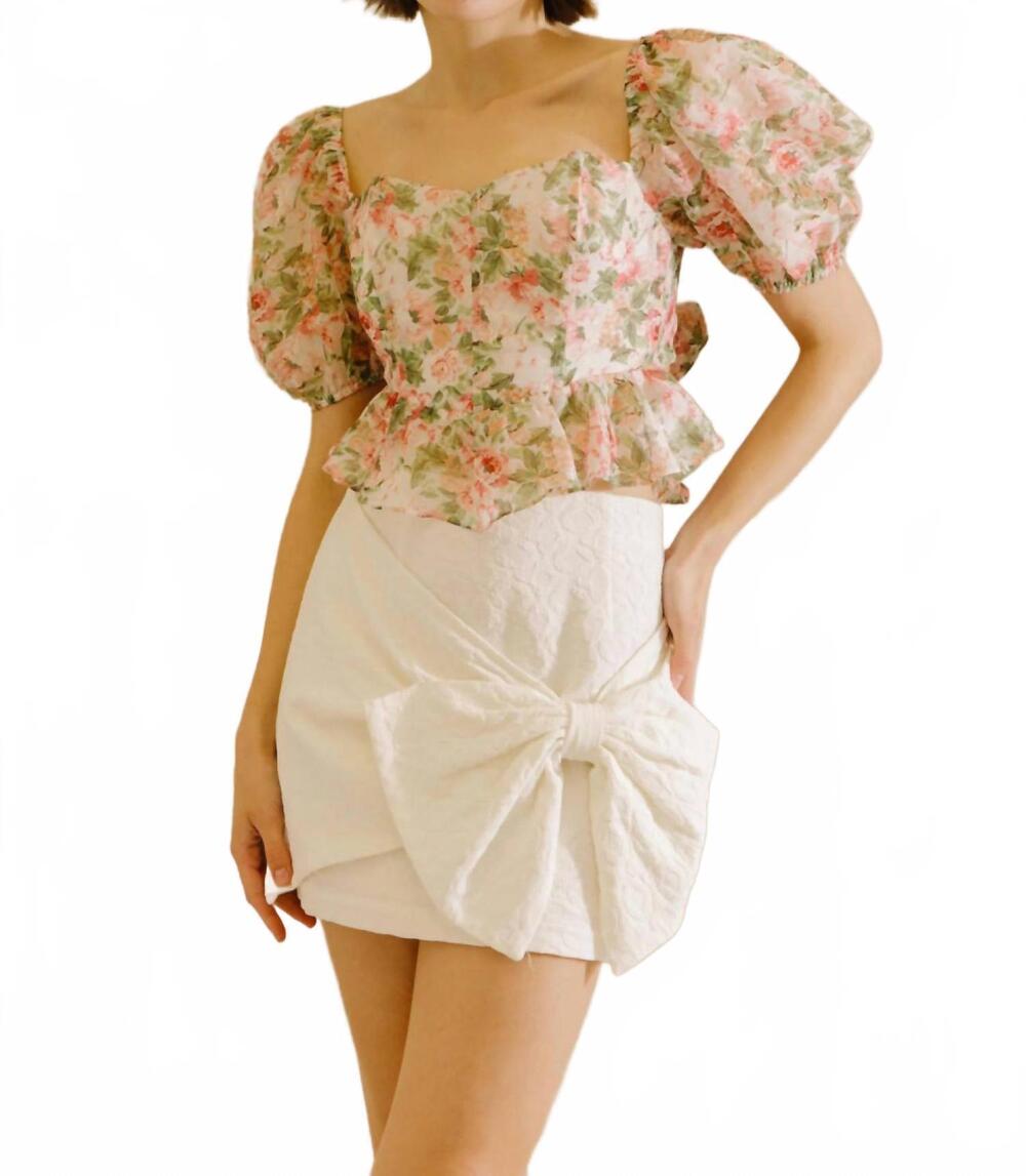 NEW STORIA floral puff sleeve top in pink multi